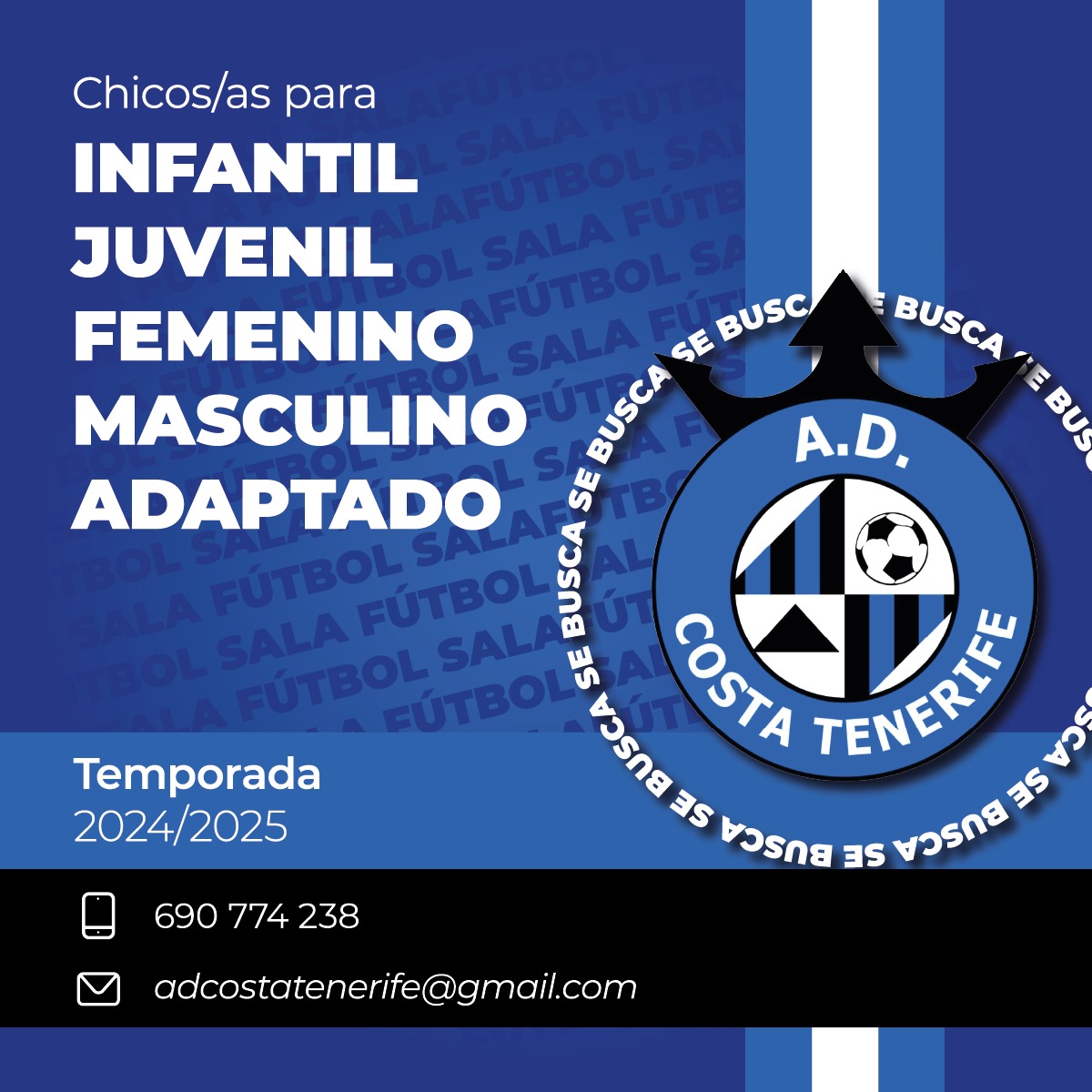 #OFICIAL Te estamos buscando 🕵️‍♂️⚽

El Costa Tenerife prepara ya la temporada 24/25. Durante el mes de junio estaremos con jornadas para las distintas categorías. 

Esta semana te esperamos para:
- Masculino: Jueves 06 de junio 
- Femenino: Viernes 07 de junio

#SomosIlusión💙🤍🖤