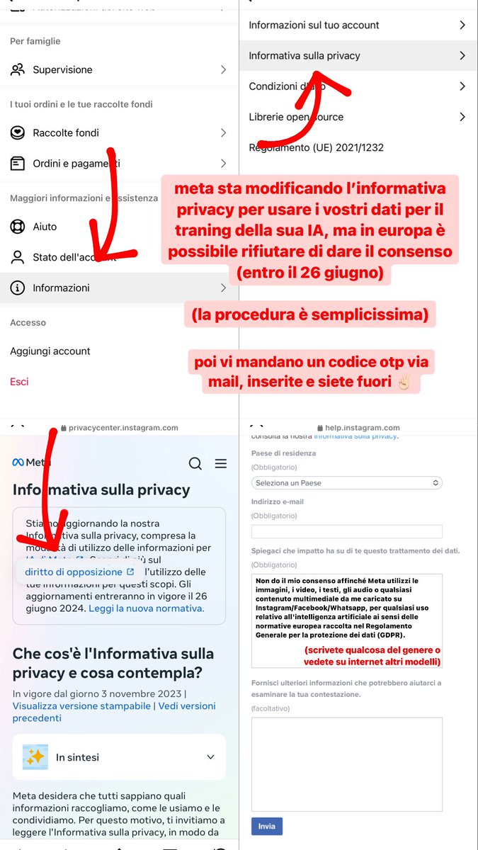 HOMIClDALQUEEN's tweet photo. meta sta modificando l’informativa privacy per usare i nostri dati per il training della sua IA; fortunatamente siamo in europa e possiamo opporci a questa procedura così ⬇️

diffondete il più possibile (e sopratutto inoltrate la procedura ai vostri amici artisti!!) https://t.co/7V95tpDzi0
