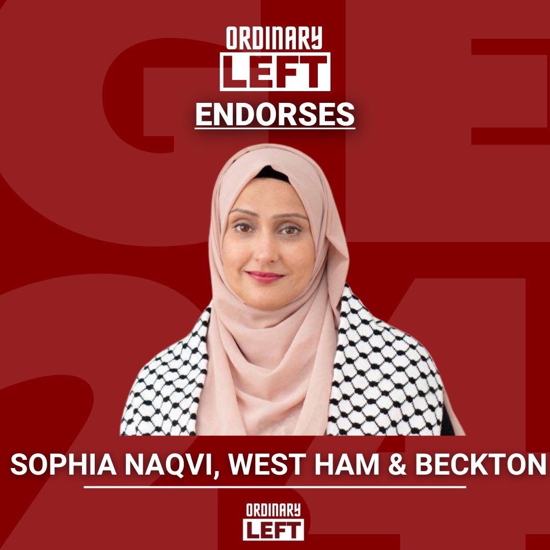 OrdinaryLeft's tweet photo. We are proud to endorse @SophiaNaqvi1 to be the next MP for West Ham &amp; Beckton.

Sophia stood as an independent last year &amp; beat Labour in the Council By Election. She can win again. https://t.co/506Gz9MfDC