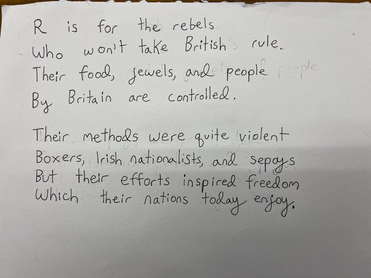 Students read an 1899 British children’s book glorifying imperialism and then created their own pages - each chose their own letter and then drew a representation and prose. The book is here - ufdc.ufl.edu/UF00086056/000… . Powerful way to summarize, think deeply, differentiate,