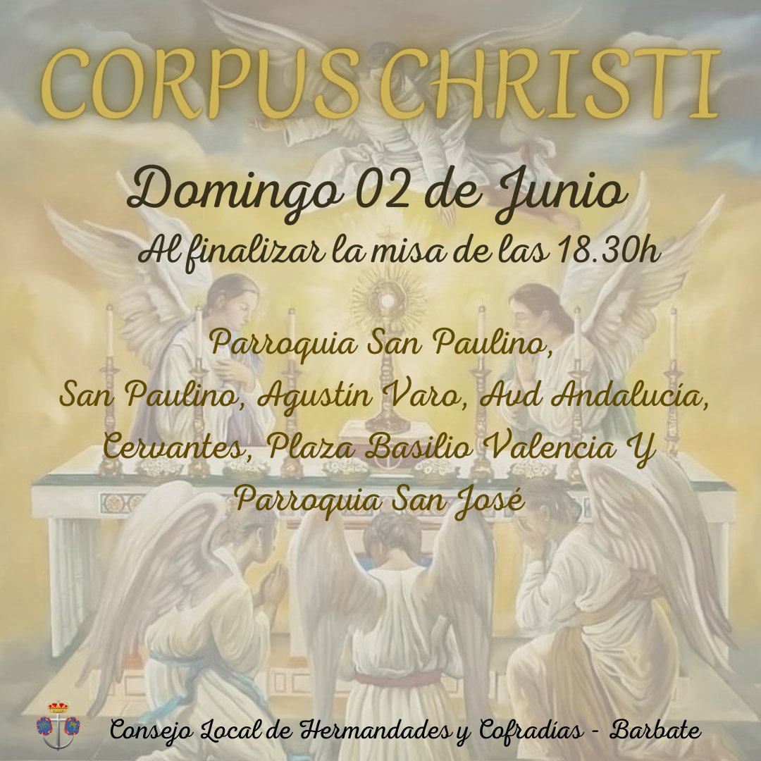 ElconsejoHyCBbt's tweet photo. CORPUS CHRISTI 

Esta tarde al finalizar la Santa Misa se celebrará la procesión del Corpus Christi. El Santísimo irá desde la Parroquia San Paulino hasta la Parroquia San José, acompañado por la Santísima Virgen del Carmen, recorriendo las calles que aparecen en la imagen. https://t.co/PXrZ64DnHE