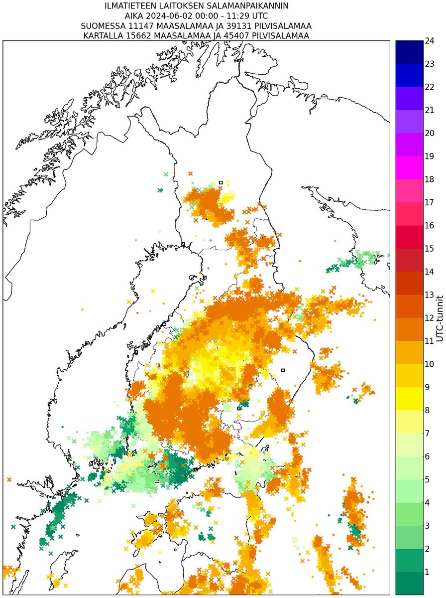 Maasalamoiden määrässä ylitettiin kesäkuun keskiarvo 2. päivänä klo 14.30. Kuukauden ensimmäisen vajaan 36h aikana on salamoinut enemmän kun tavallisesti koko #kesäkuu'ssa yhteensä (1991-2020 keskiarvo 25 100 maasalamaa). Tänään toistaiseksi runsain salamapäivä. #sää #ukkonen