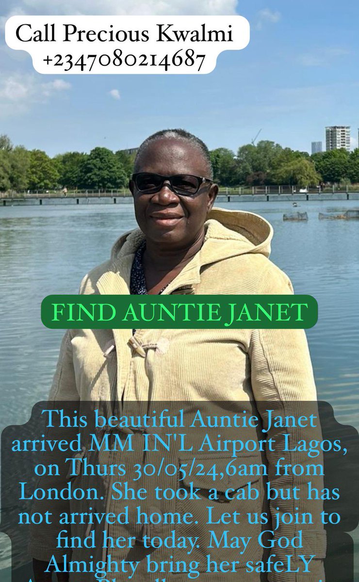 benmurraybruce's tweet photo. Janet Kwalmi Ere, a 67-year-old woman, arrived in Lagos at Murtala Muhammad Airport from London on Thursday, May 30, 2024, at 5 a.m. She boarded an airport taxi at 6 a.m. and has not been seen or heard from since. If anyone has any useful information, please contact Julie at 08037870683 or Precious at 07080214687.

I urge the Managing Director of @FAAN_Official, Mrs. Olubunmi Kuku (@faan_md), to take all necessary steps to ensure Madam Janet is found. I call on the MD to immediately instruct that all CCTV footage at Murtala Muhammad Airport in Lagos be diligently reviewed. We must track the taxi Madam Janet used to leave the airport. Since all taxis at the airport are expected to be registered, identifying the vehicle she entered will help us locate the driver and potentially find her. The outfit in the picture is what Madam Janet wore on that fateful day. 

All authorities need to act swiftly on this matter.

I also commit right now, a reward of N1Million (One Million Naira) to anyone who comes forward with information that can reveal the identity of the driver. Silverbird will pay the reward instantly.