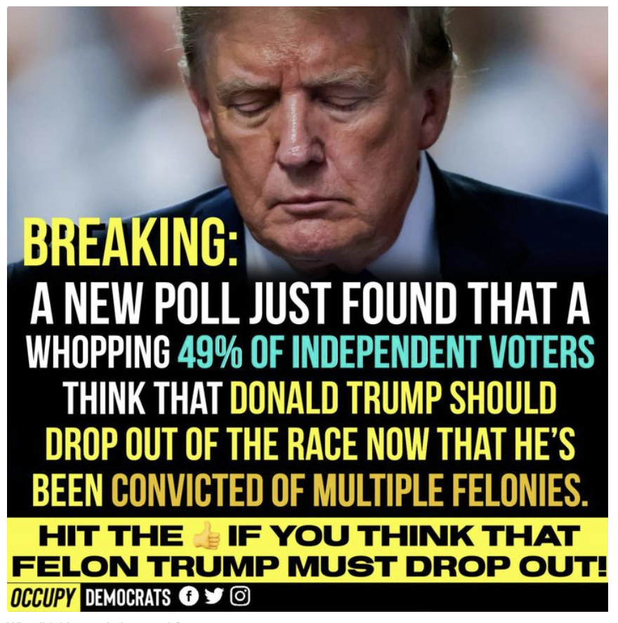 One of the first polls conducted since a New York Jury found Trump guilty find that a significant minority of Republicans and Independents want him to drop out and a majority of registered voters approve of the jury's decision. Read more here: bit.ly/4c5gSxB