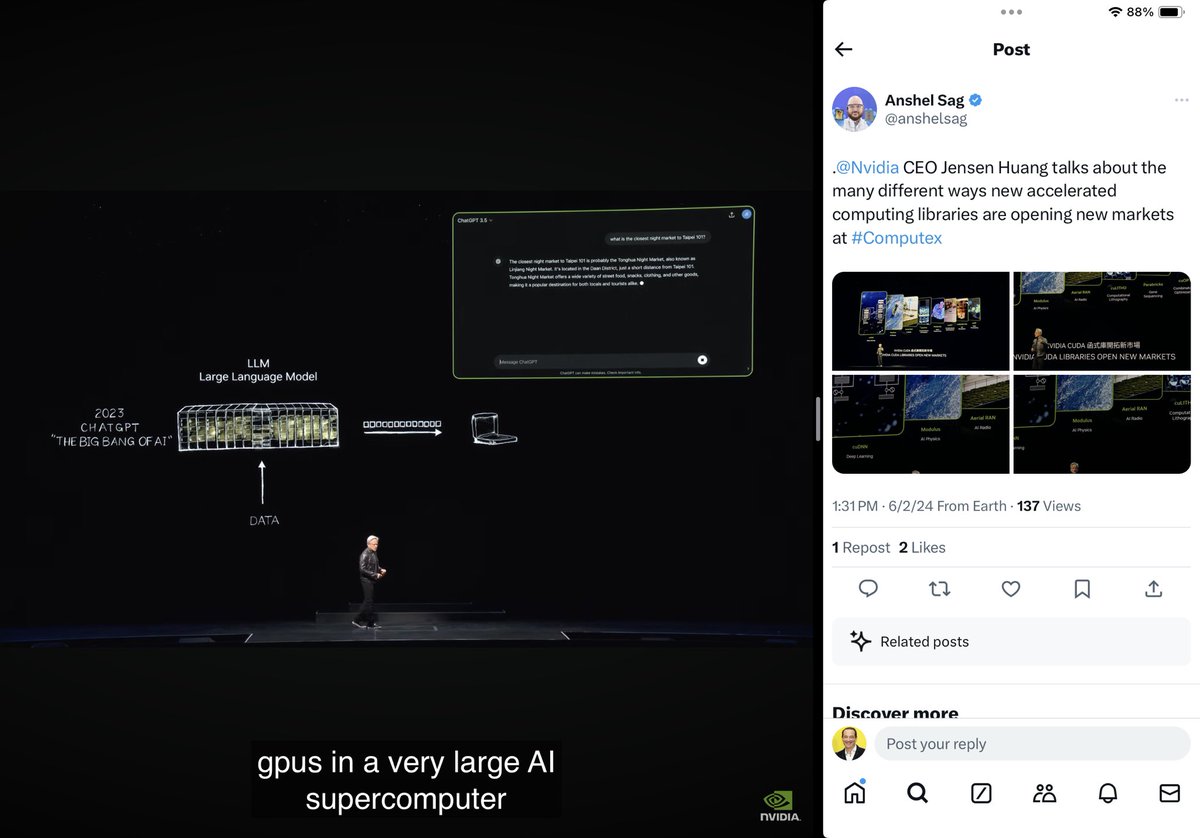Watching the @nvidia Computex 2024 keynote from afar. Nothing earth shattering yet, but there’s time. Similar in principle to GTC keynote. The “CEO math” was funny and accurate in the context of industrial-grade training. $NVDA