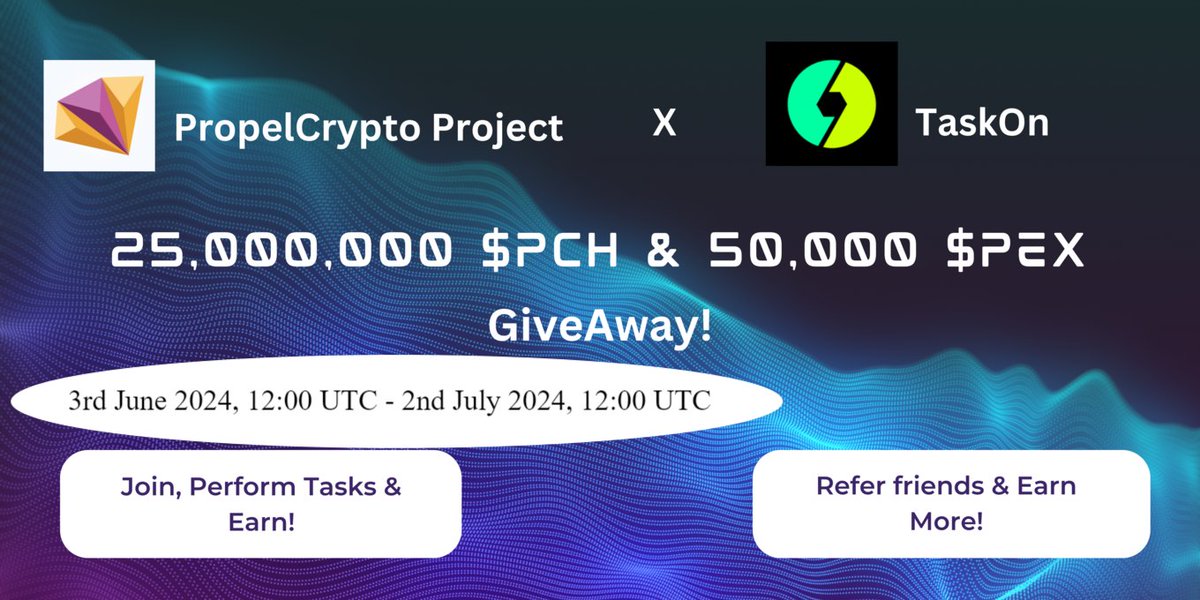 PropelCryptoPCR's tweet photo. ✨✨🔥 GIVEAWAY 🔥✨✨

🤜 3rd June 2024, 12:00 UTC - 2nd July 2024, 12:00 UTC 🤛

⚡️⚡️ $PCH and $PEX GiveAways: 
👉Join, Perform Task &amp; Earn? 
👉 Refer friends &amp; Earn More

🎯 For $PCH follow https://t.co/AG00dhEM9O 

🎯 For $PEX follow https://t.co/WsoFJPW9hO

#PropelCrypto https://t.co/HXVBDZ4Vmb