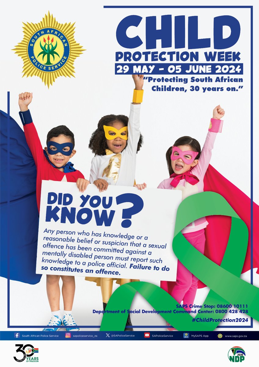 SAPoliceService's tweet image. #sapsDYK #ChildProtectionWeek2024
Any person who has knowledge or reasonable belief suspicion that a sexual offence has been committed against a mentally disabled person, must report it to the #SAPS. Failure to report it, constitutes an offence. NP