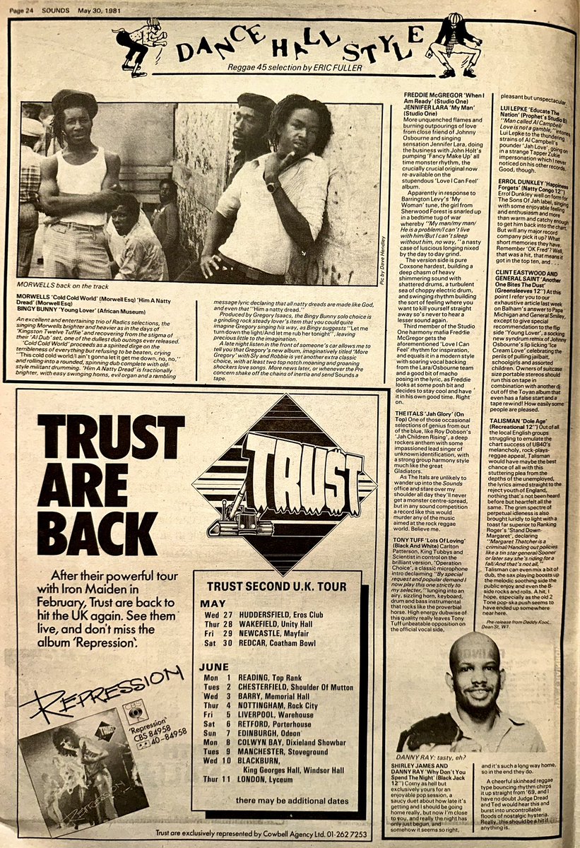 ZoundsAbound's tweet photo. In Dance Hall Style this week, Eric Fuller reviews the latest Singles, with releases by #Morwells #BingyBunny #FreddieMcGregor #JenniferLara #TheItals #TonyTuff #ShirleyJames &amp; #DannyRay #LuiLepke #ErrolDunkley #Talisman #ClintEastwod &amp; #GeneralSaint 

Sounds May 30th 1981 https://t.co/wweZct7Eyg