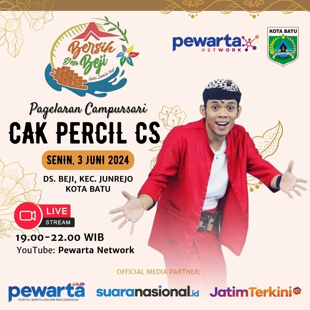 pewartacoid's tweet photo. Saksikan Pagelaran Campursari Cak Percil CS dalam rangka 'Bersih Desa Beji', pada Senin, 3 Juni 2024. Ditayangkan LIVE di channel YouTube Pewarta Network.
#pewarta #pewartanetwork #desabeji #kotabatu #cakpercil #guyonmanton #campursari https://t.co/9mXOwCbnki