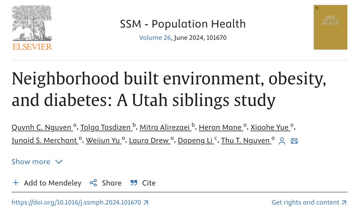 New study finds that living in walkable neighborhoods correlates with a 15-20% reduction in obesity and diabetes.

Notably, the researchers examined thousands of siblings, which isolates family effects.

doi.org/10.1016/j.ssmp…