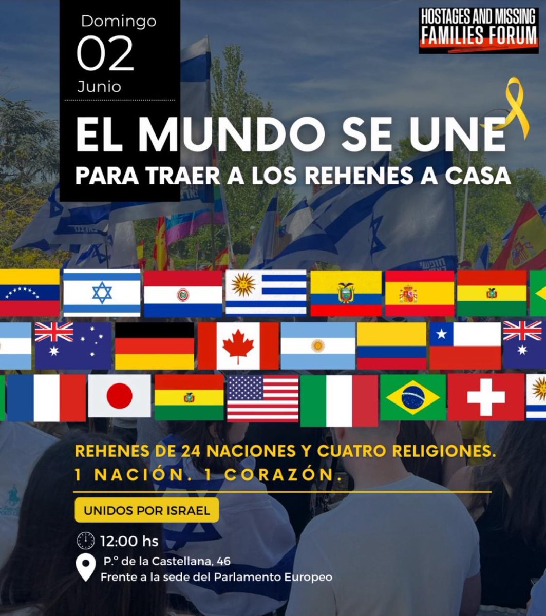IsraelinSpanish's tweet photo. Gracias a todos ustedes en Madrid, España que salieron en apoyo a los secuestrados.

Que su voz se escuche en España y alrededor del mundo y que pronto veamos a todos los secuestrados de vuelta en casa.

#Liberenlos https://t.co/JP5nejijuZ