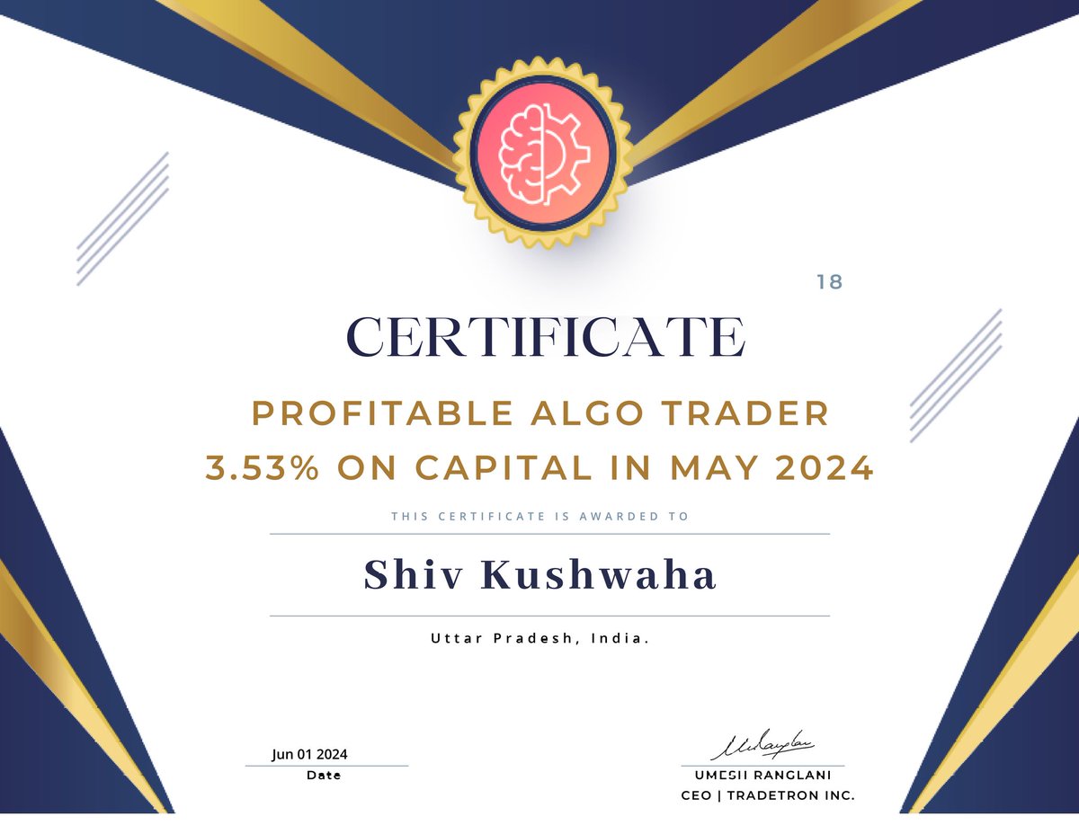 cfashiv's tweet photo. Profitable algo trader certificate from @Tradetron1 for May 2024☘️ 🌞🙂🌿 feels good being in Green on consistent basis https://t.co/2hsUwq0Oic