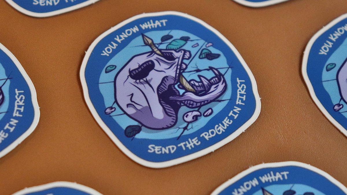 SpeechlessBard's tweet image. Based on our own D&amp;amp;D party's actions, we've designed a batch of stickers to promote their... creative solutions ⚔️
(the rogue is short and easy to pick up; she gets thrown into the rooms quite often)
✨Available in our shop now!✨
#ttrpg #dnd