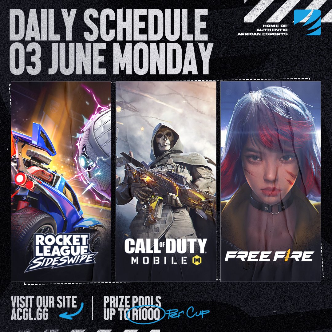 AfricanGaming's tweet photo. π
Monday night's online cups:
π² #FreeFire
β½οΈ #RocketLeague #Sideswipe
π² #CODmobile
π° Up to R1,000 cash per cup.
π Register for free via our site: https://t.co/2wjHldsWLj
#FreeFireZA #CODMZA #RLZA #AfricanEsports #esportsZA https://t.co/zvyGZYLnu3