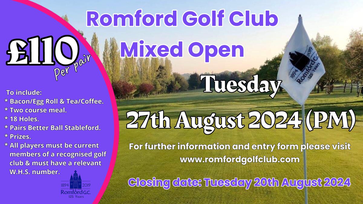 Romfordgolfclub's tweet photo. On Tuesday 27th August 2024 we have our Mixed Open. For further information and entry form please visit our website or click here 👉🏻 https://t.co/1FhAzSJzFW #rgc #mixedopen https://t.co/OIJQ1s28Jv