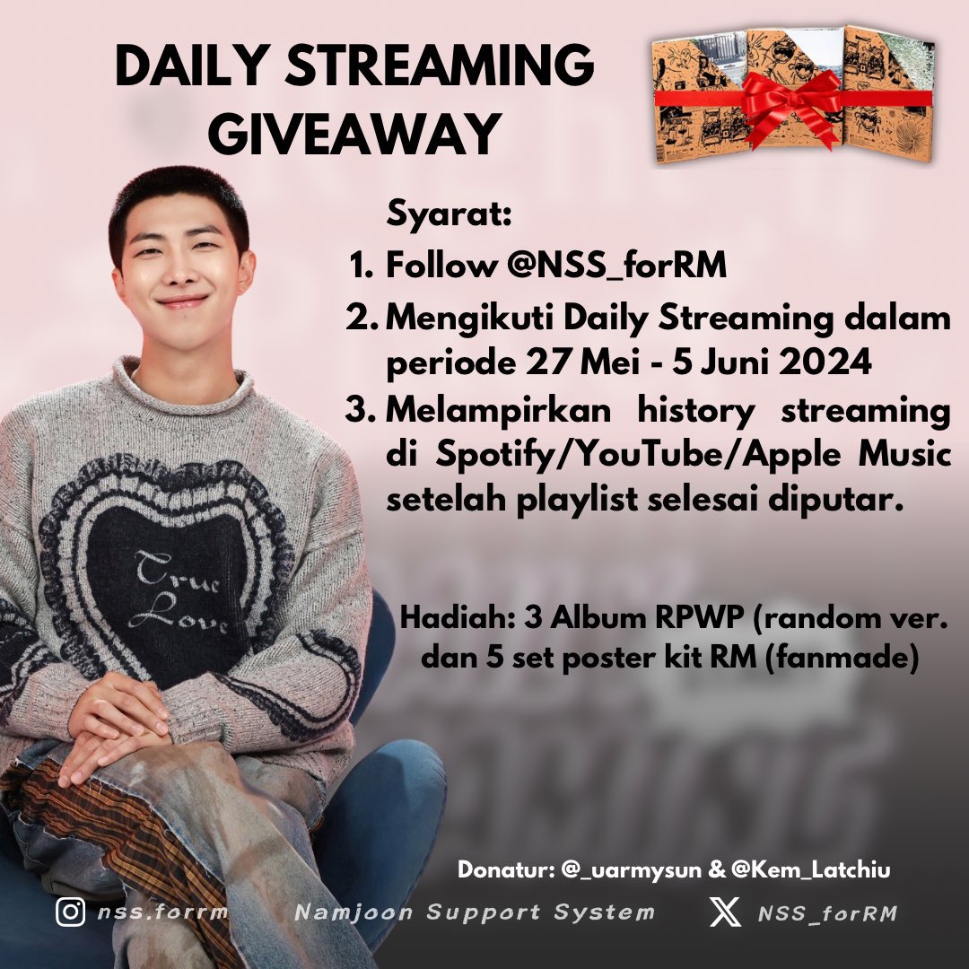 NSS_forRM's tweet photo. 📆 DAILY STREAMING GIVEAWAY 
STARTED 🥳

Bagi yang ingin mengikuti giveaway, silakan baca syaratnya terlebih dahulu ya. 
*Note: history streaming di Spotify memakai stats for spotify dan diupload di kolom reply max sampai besok, jam 9 pagi.

Drop ss kalian streaming 👇🏻

PLAYLIST
AM: https://t.co/cKbgyUsiM7
SPO: https://t.co/JAyPdUnpKp
YT: https://t.co/z0hibzN47N

PANIC STREAM LOST
#RM_LOST #RightPlaceWrongPerson