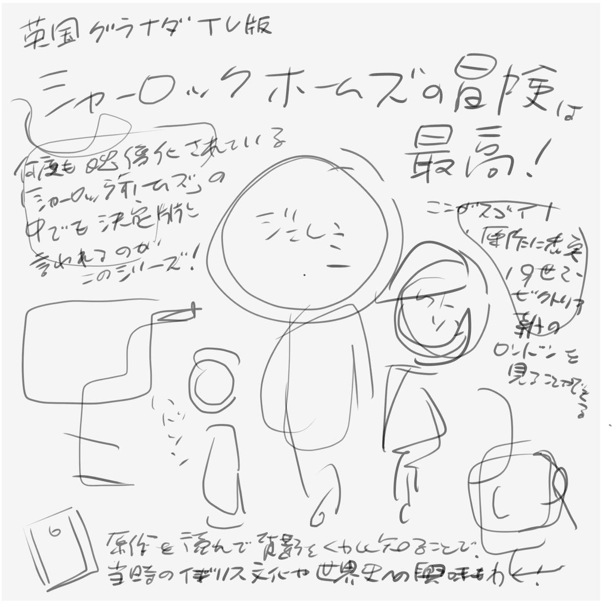 イラスト講座「イラストと描き文字で推しを伝えよう」の見本用イラスト。
プロジェクターで制作過程を写しながら
1.好きなものの絵を大きく。伝えたい内容を一言で。その周りにさらに熱く語りたい内容という設計図をざっくり作る
2.内容と絵を詰めていく。小さい絵を足したりしながら楽しんで描こう→ 
