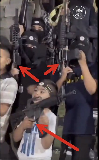 ImtiazMadmood's tweet photo. "Each of these Palestinian children has been trained in firearms handling. Note their fingers kept outside the trigger guard. Something that an untrained kid holding a gun won't normally ever do. These are not kids. These are child soldiers. This is child abuse."
~ Daniel @VoteLewko