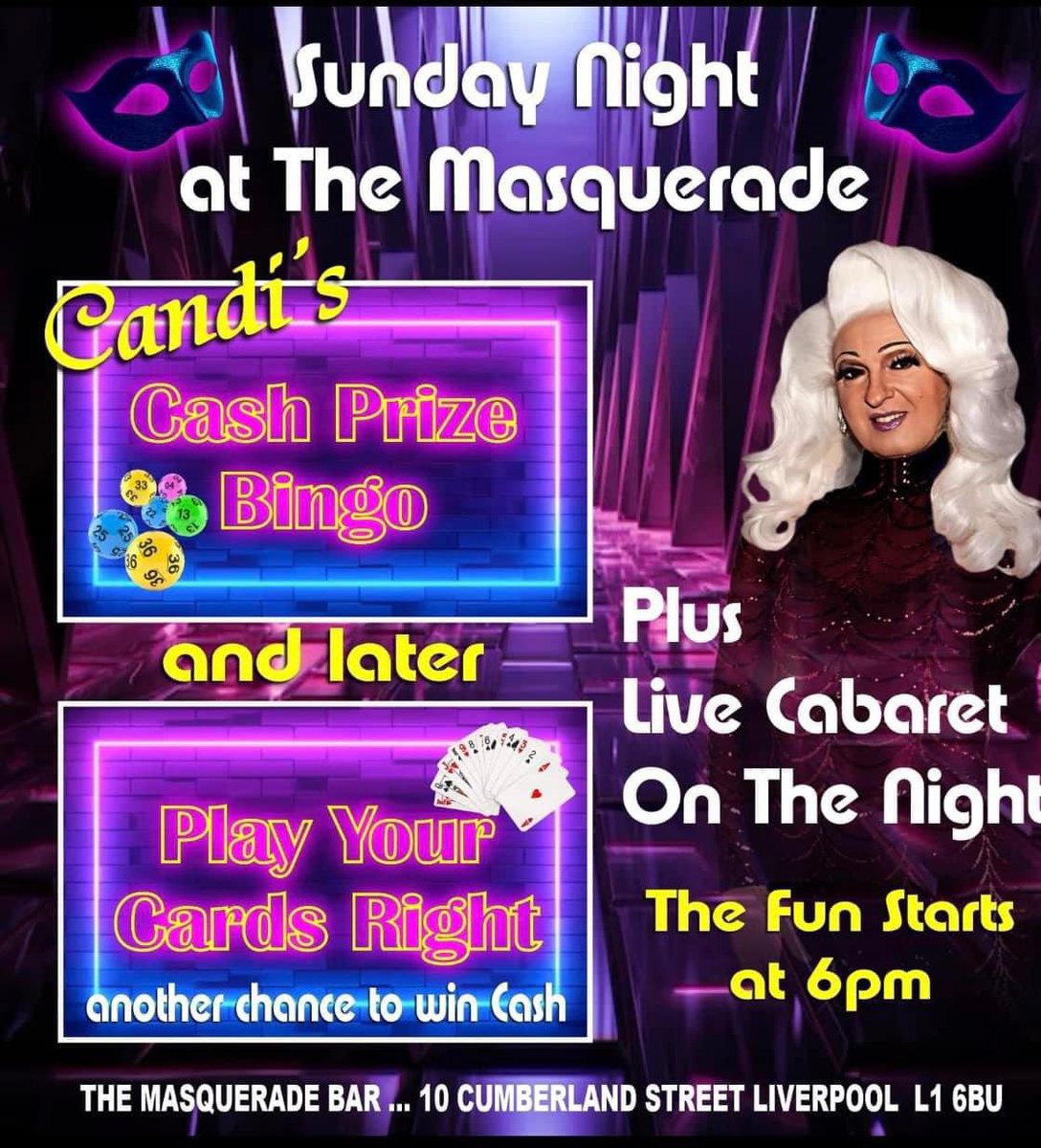 Sunday Service in the Masquerade Bar 🥳 and what a way to finish an absolutely fantastic weekend than with the gorgeous Sarah Waters on Vocals and our Candi is back after jet packing around on holiday with Candi's  Bingo and play your cards right ❤️ See you later for a boogie ❤️