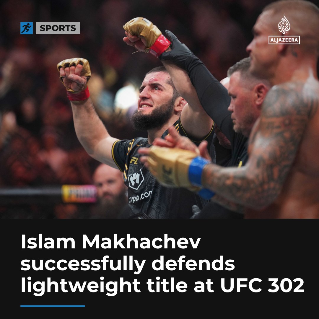 Islam Makhachev has held on to his lightweight belt, getting Dustin Poirier to tap out in the fifth round of their main event bout at UFC 302 in Newark, New Jersey aje.io/761f4l