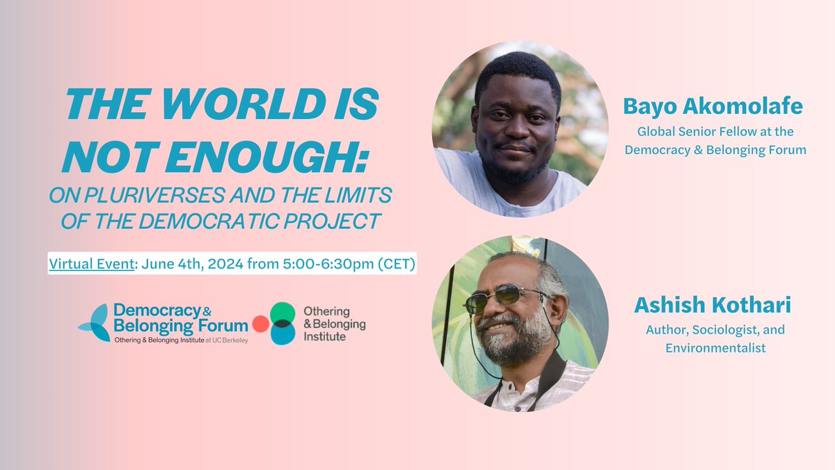 The Democracy and Belonging Forum (@dandbforum) on Twitter photo Join us on June 4th with @BayoAkomolafe & <a href="/chikikothari/">Ashish Kothari</a> for a conversation on urgent events shaping our time, from AI challenges and liberalism's decline to BRICS vs. the US dollar, environmental crises, and international law's failures. Register for free: bit.ly/4bTxQiJ Join us on June 4th with @BayoAkomolafe & <a href="/chikikothari/">Ashish Kothari</a> for a conversation on urgent events shaping our time, from AI challenges and liberalism's decline to BRICS vs. the US dollar, environmental crises, and international law's failures. Register for free: bit.ly/4bTxQiJ