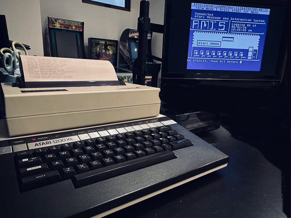 atari_bbs's tweet photo. In this months #atari #bbsing rotation, 1200XL with Rambo, UAV, Indus GT Floppy, FujiNet Prof, Big Blue Thermal Printer using BobTerm to call on #southernamis bbs in #atascii #atari1200xl #retro #ataricomputer https://t.co/CU1bInO9J7