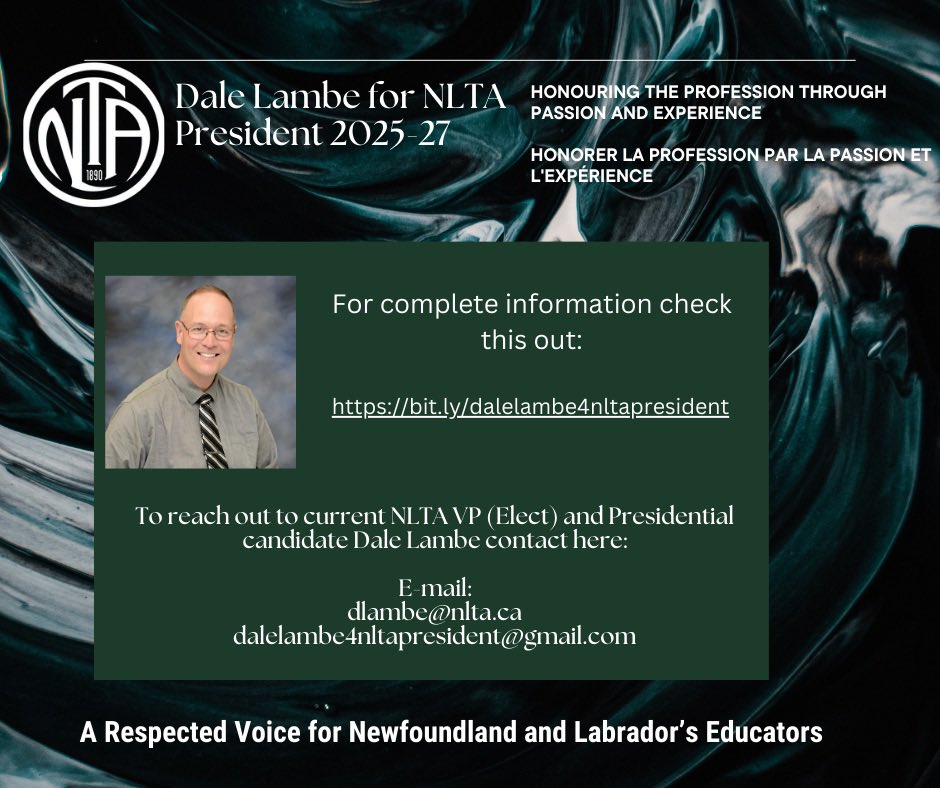 Be sure to check out my qualifications and experience by checking out my site:  bit.ly/dalelambe4nlta…. Recommend my social media platforms to other NL educators so people can become familiar with my work and interests.  Voting takes place November 25-29, 2024.