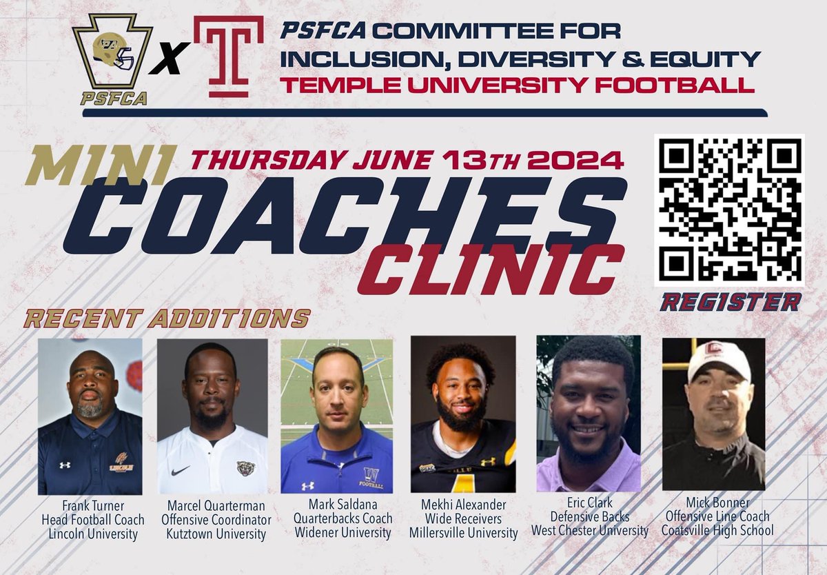 6/13/24 is fast approaching!! Help us make the inaugural mini clinic a major success. Come join us for the PSFCA Diversity Council mini clinic at Temple University. Register today!!  Just $15 for great coaching development before the 2024 season!
big33.org/psfca/mini-coa…