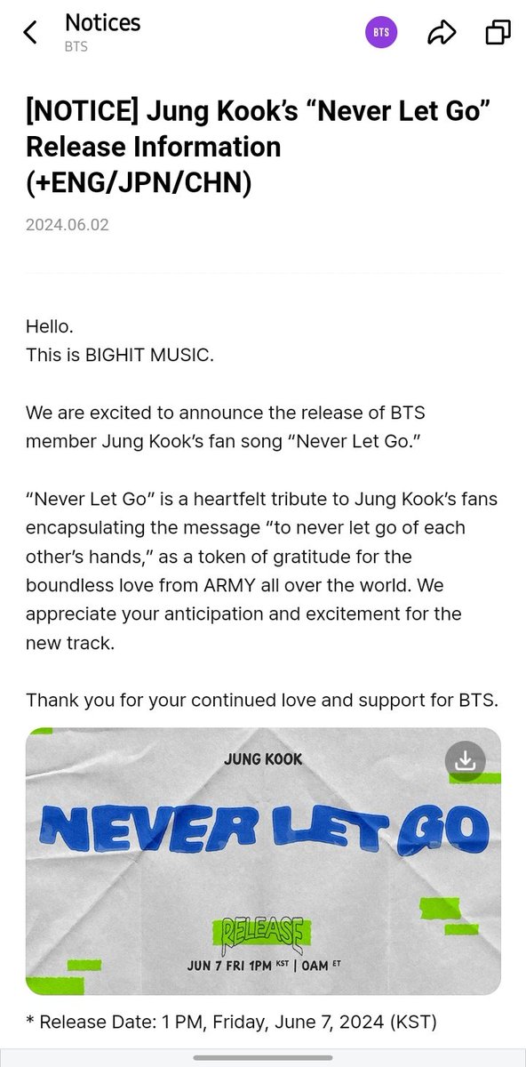 BTSARMY_ECUADOR's tweet photo. 🌟💜 #Jungkook lanzará una nueva canción titulada "NEVER LET GO" 

Never Let Go es un sincero tributo a los fans y una muestra de gratitud por el amor ilimitado de ARMY en todo el mundo, resumiendo el mensaje de "NUNCA SOLTEMOS NUESTRAS MANOS".

#JungKook_NeverLetGo
@BTS_twt https://t.co/VrwqNqkIXZ