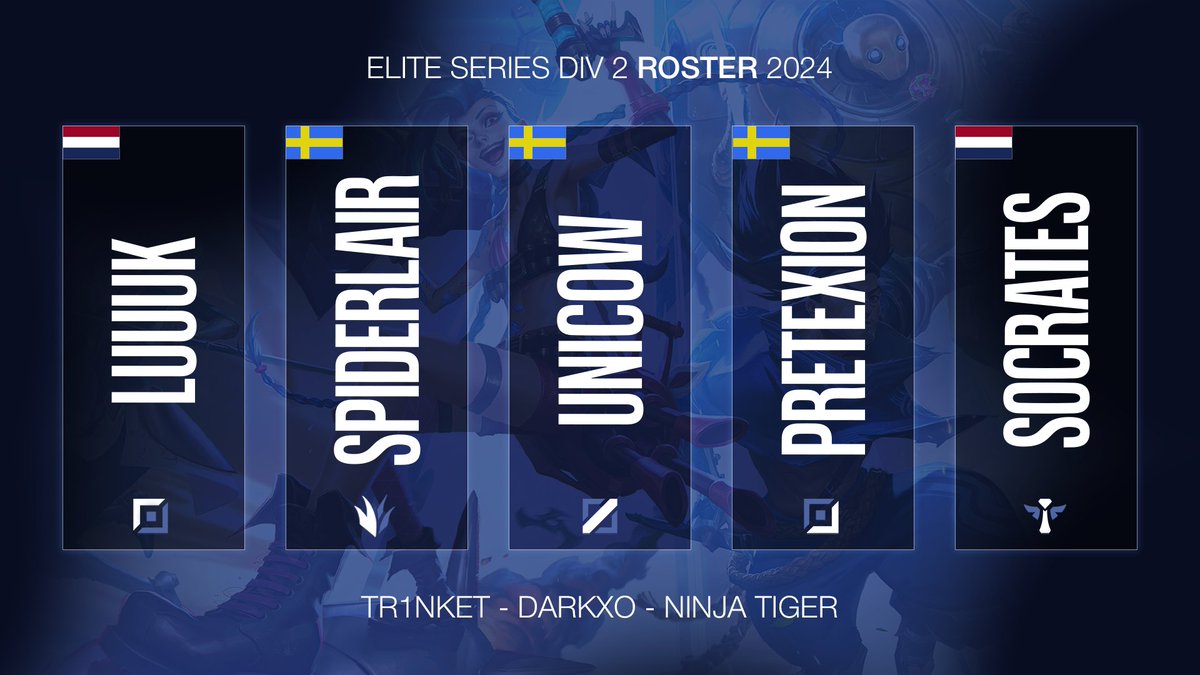 DutchCTeam's tweet image. We are ready for the @EliteSeriesLOL 2nd division! Let us introduce you to our roster!

Top: @LuuukEUW 
Jungle: Spiderlair
Mid: Unicow
Bottom: @pretexion 
Support: @Loc_Emiel 

Subs:
@NinjaTigerLoL
@darkxo 
@AlfredBjorhag