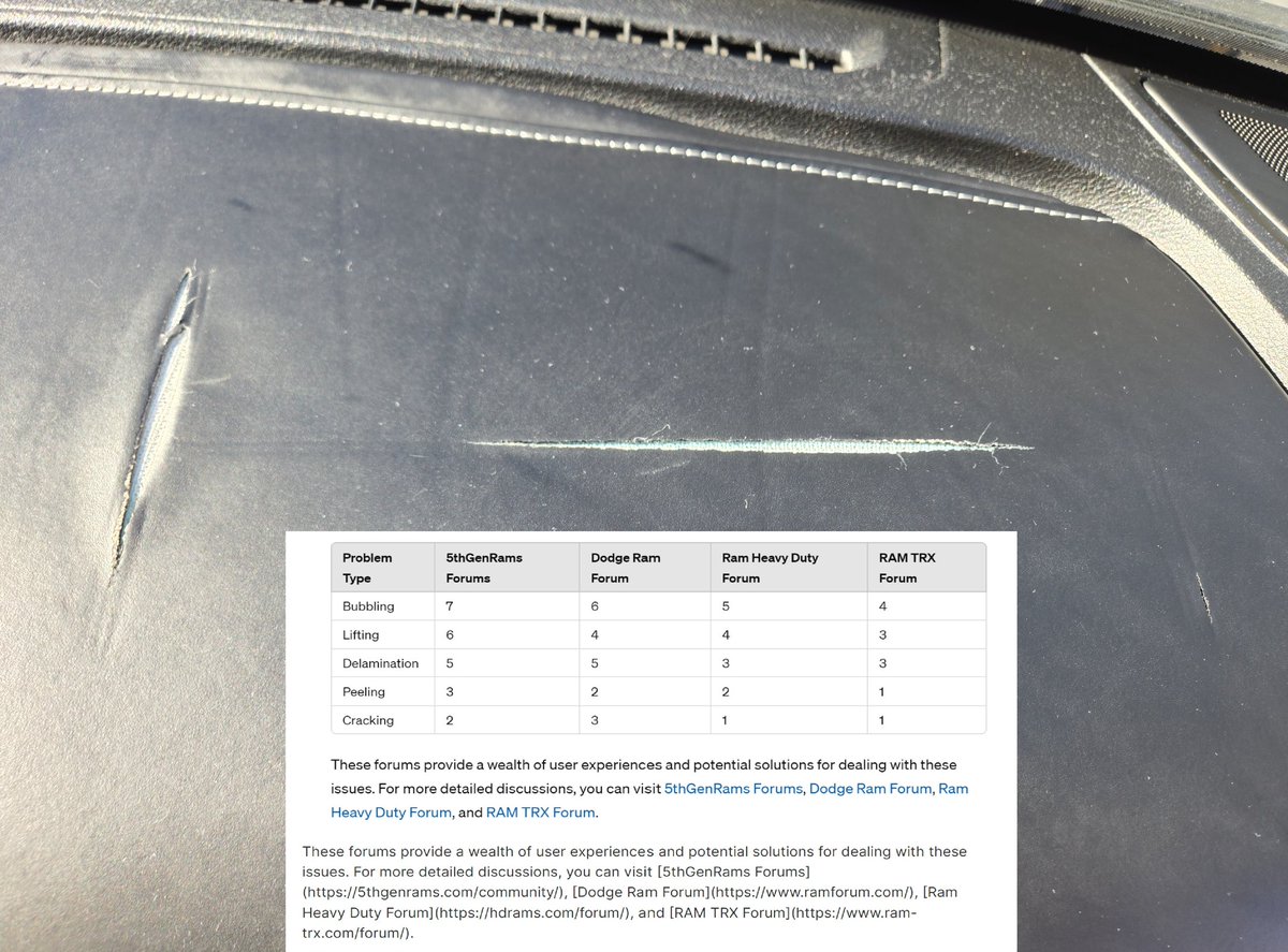 Ram Truck quality alert. Safety? 
Check out my dash. Only 43k mi and my leather dash splits at airbag port. Window shade was not enough. #ramdontcare A little AI and we have a view of the problem. Ram Customer care ignoring. Sure you want to buy that Ram? <a href="/ramtrucks/">Ram Trucks</a> <a href="/ramcares/">Ram Cares</a>