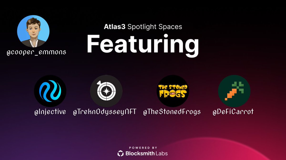 ☄️ Atlas3 Spotlight Spaces.

🎤 Hosted by: <a href="/LeviGMI/">Levi</a>, <a href="/NowFullyHyped/">rastaRas</a> &amp; <a href="/umbasxbt/">UM₿A$</a> 

👀 Featuring: <a href="/injective/">Injective 🥷</a>, <a href="/DeFiCarrot/">Carrot</a>, @TreknOdysseyNFT &amp; <a href="/TheStonedFrogs/">The Stoned Frogs</a> 

Set your reminder 👇
x.com/i/spaces/1LyGB…