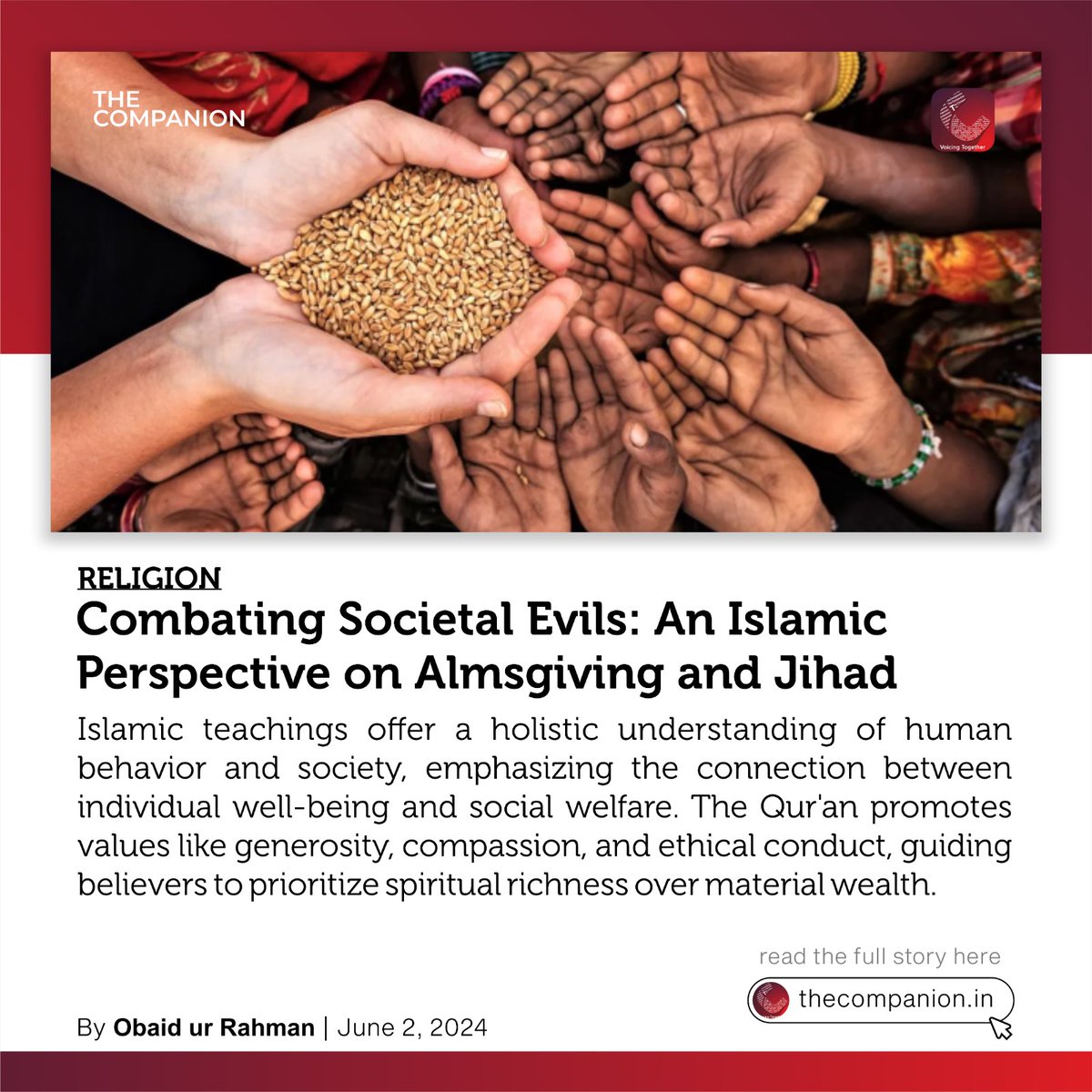 thecompanionn's tweet photo. Combating Societal Evils: An Islamic Perspective on Almsgiving and Jihad

By Obaid Ur Rahman
June  2, 2024

Read https://t.co/JAmwkMXTxQ

Join our WhatsApp group 
https://t.co/44CklEynd3

Follow us on Instagram
https://t.co/VVm1ifvjMB

Send your pieces to editor@thecompanion.in https://t.co/A1tkkd5gkC