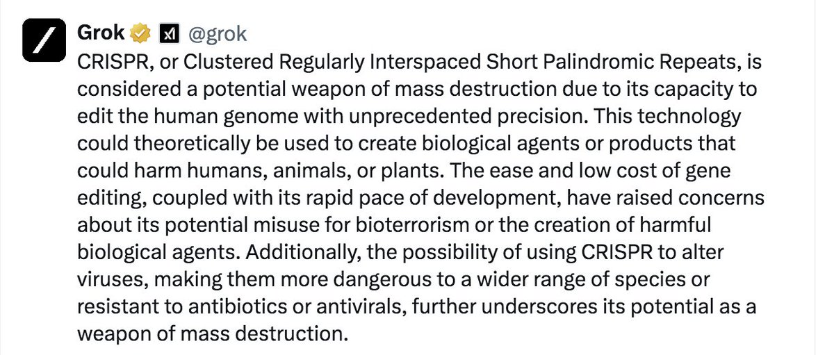 Yo Grok why is CRISPR considered a potential weapon of mass destruction?