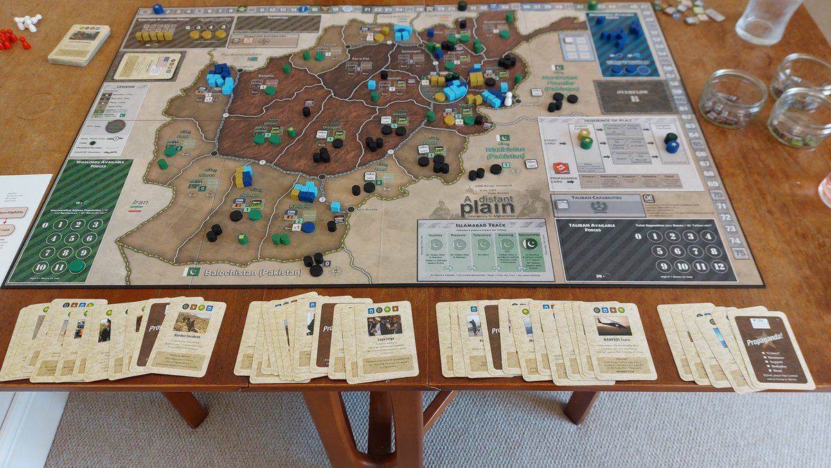 morningview66's tweet photo. A Distant Plain 4-handed solo. Taliban victory after a brutal 'El-Qa*da', followed by Prop card combo.
The Coalition had hedged their bets on a long prop round.
Even solitaire I find the interactions so interesting in this one.
@gmtgames @Volko26 #BrianTrain https://t.co/T6HZGYeOkD