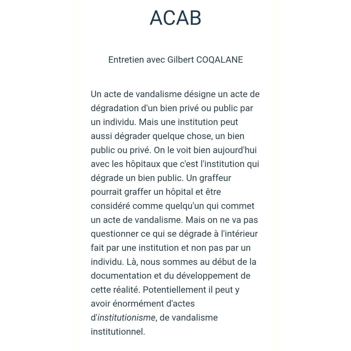 Nouvelle mention du perturbatioNisme.
Publication ACAB du 26 mai 2024 / Revue de Paris.
En lien avec l'offensive InstitutioNisme : cdrao.fr/en-cours-6-off…
Article Revue de Paris : revuedeparis.fr
Prochainement disponible sur le site du CDRAO (Rubrique Diffusion).