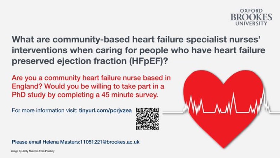 HelenaMasters61's tweet photo. Reposting to ask the lovely community heart failure nurses to help me with my doctorate looking at patients with HFpEF. Please could you complete this survey for me. Much appreciated https://t.co/AoZtZNKPwx