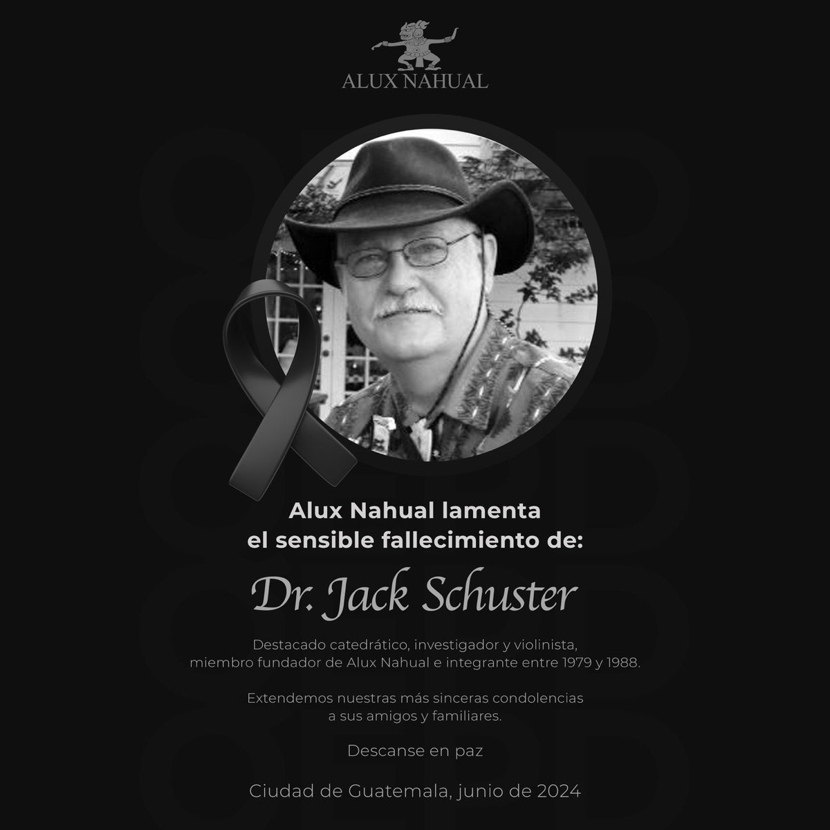 AluxNahualOfici's tweet photo. Demasiado tristes y afectados por la partida del gran compañero, músico y amigo Jack Schuster. Estuvo con nosotros desde el principio con su gran talento y su gran sentido del humor. Lamentamos muchísimo su partida y deseamos resignación a su familia. https://t.co/0XbHhR4Kck