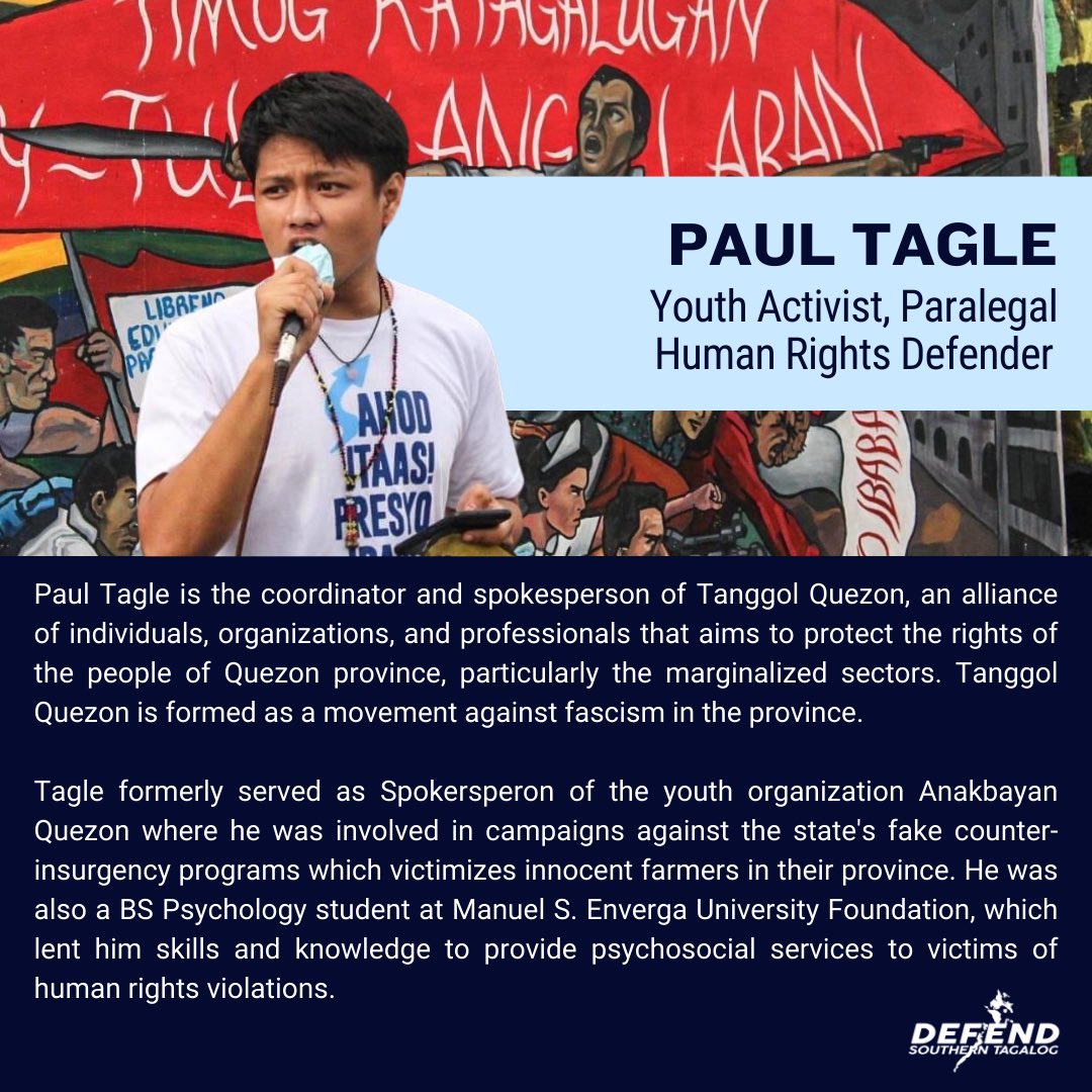 DEFEND_ST's tweet photo. HANDS OFF PAUL TAGLE! DEFEND QUEZON!
As a paralegal and human rights worker, Tagle dedicates his time leading various campaigns for the freedom of political prisoners in Quezon province who are experiencing similar trumped-up charges from the state.
#HandsOffPaulTagle
#DefendST https://t.co/Bl2o5gBACl