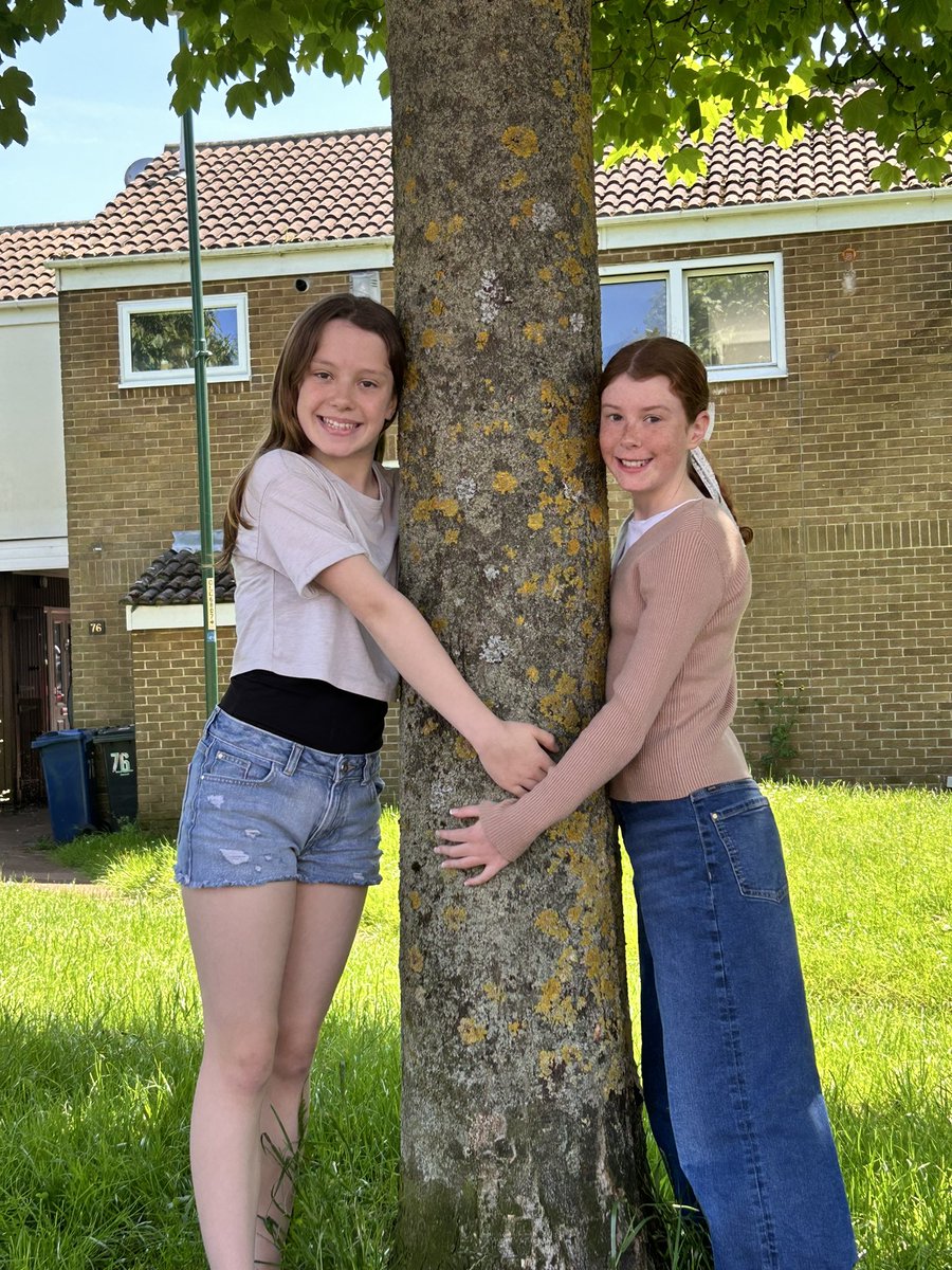 WhitburnSci's tweet photo. Day 2 of Whitburn goes wild. Tree hugging from Emme, Edie and Alex. Go and try it yourself! @WildlifeTrusts @30DaysWild https://t.co/yPs0XaazVG