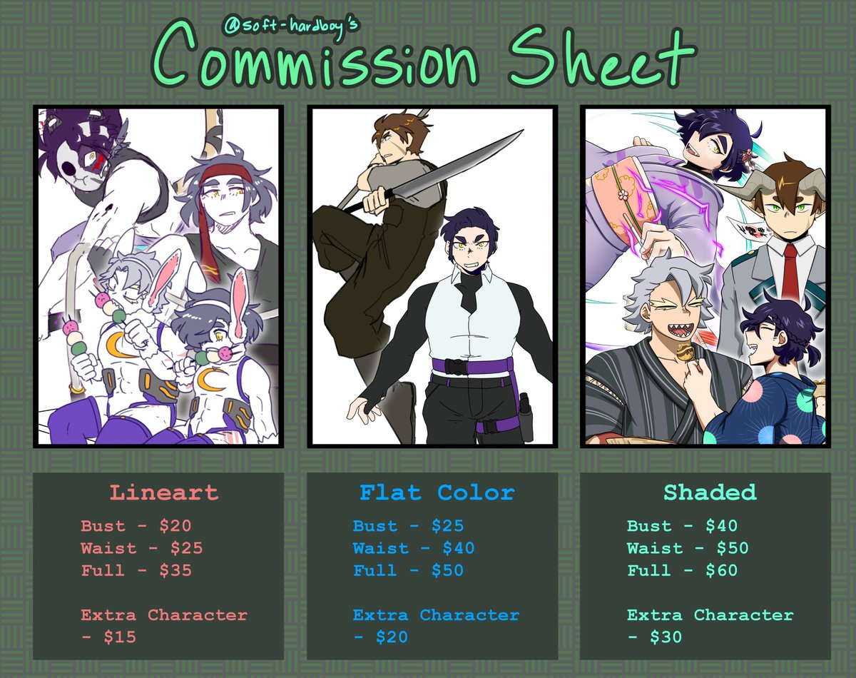 soft_hardboy's tweet photo. Commission Sheet (ver.2024)🌴📷📝

🌴 8 slots
🌴 Roughly 2 month turnaround
🌴 Contact me via DM or kiyaki.murasaki@gmail.com
🌴 Payment through Paypal Invoice

If you have any questions, I should be able to answer them! More examples in the replies. 

(Click to Enlarge) https://t.co/tQjlPWklll