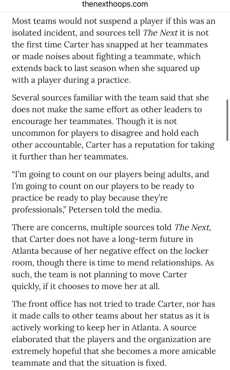 MalaikaJabali's tweet photo. *wades into CC drama when I should probably know better*

It’s interesting people automatically assume Carter’s dirty play reflects some widespread animus with CC, and not Carter’s general inability to control her emotions. She’s had this problem for years and has been suspended from teams for it! 

Was it a dirty play? No doubt. But it wasn’t a random attack based on some kind of vague jealousy. It was an overreaction to chirpy basketball bc Carter is an overreactor! 

The issue I think Black women have had (myself now too) is the choice to cling to widespread generalizations and largely antiblack, sexist stereotypes (these “jealous bitter thugs” vs “damsel in distress”) to characterize the entire league instead of thinking about who these players are individually.