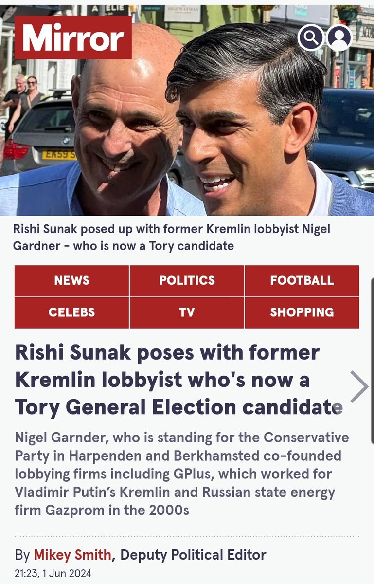 nickreeves9876's tweet photo. Is the Tory-Russia connection raising its ugly head again? Truss and Braverman have both linked up with Bannon and the pro-Russian Republican right. Now there's this.
Rishi Sunak poses with former Kremlin lobbyist who's now a Tory General Election candidate
Nigel Garnder, who is standing for the Conservative Party in Harpenden and Berkhamsted, co-founded lobbying firms, including GPlus, which worked for Vladimir Putinβs Kremlin and Russian state energy firm Gazprom in the 2000s
https://t.co/kgE1izPRn9