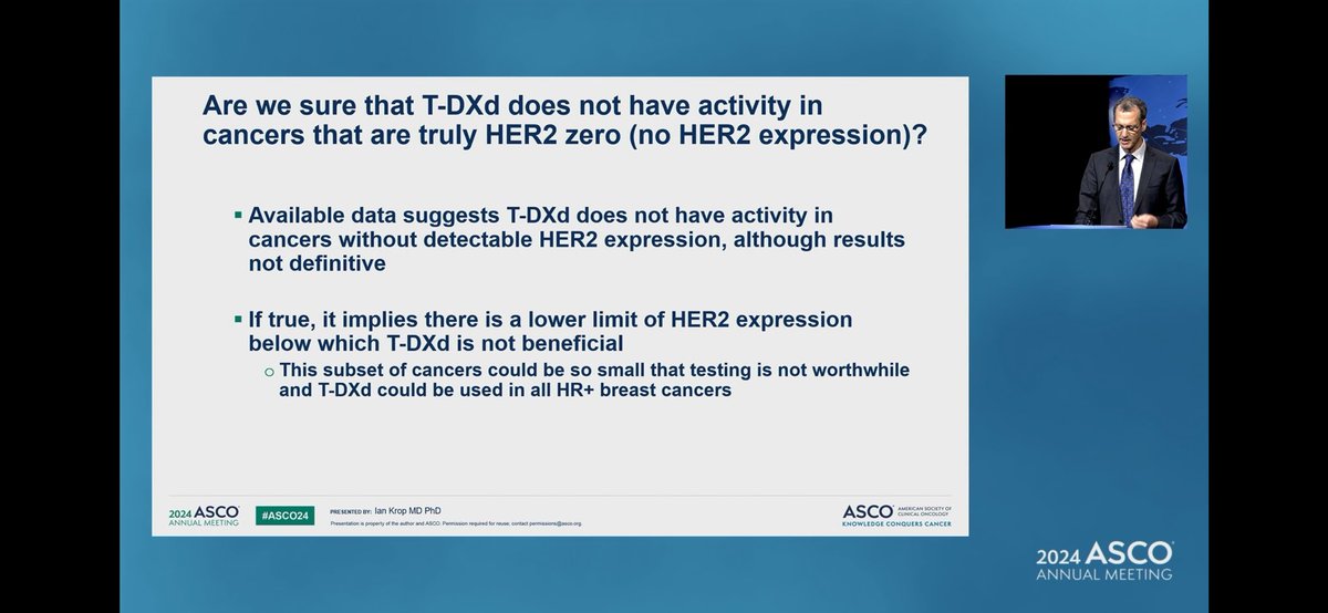 Dr. Krop highlights 2 🔑 points: 💢TDXd should be used AFTER endocrine therapies 🤔 If we have ~90% that are clearly HER-2 expressing, should we even test? Especially knowing that previous data shows w/ serial biopsy we can always find a HER-2 low. #ASCO24 #bcsm @OncoAlert