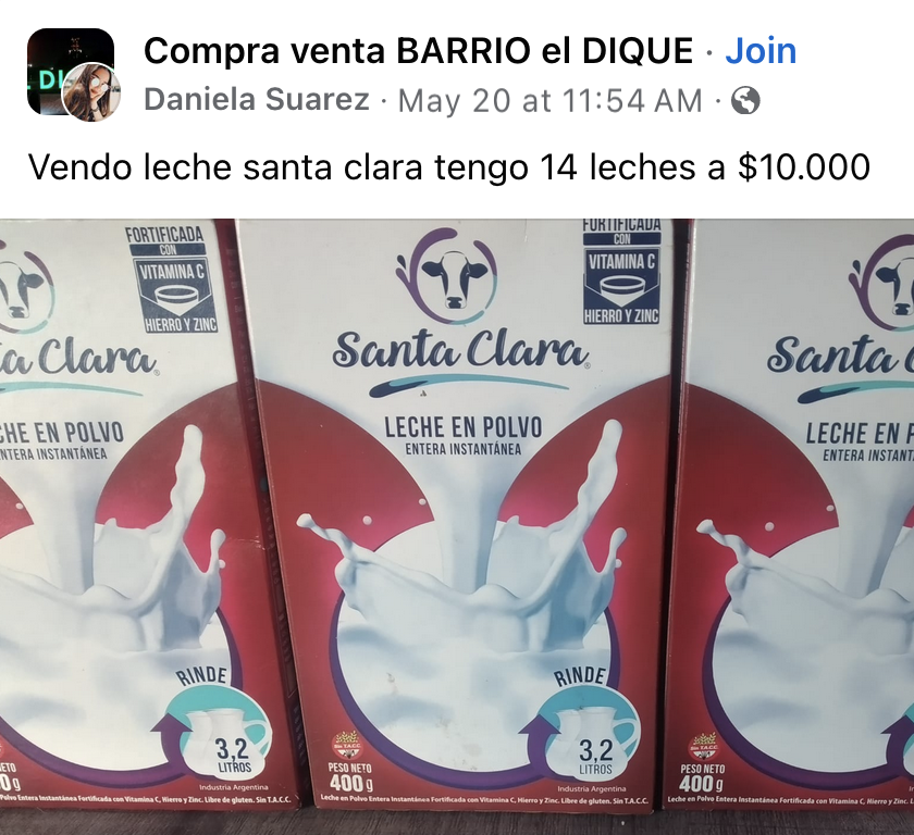 Decenas de publicaciones en Facebook revendiendo leche que compró el Estado.  Pero esto a la injusticia pro afano no le interesa.