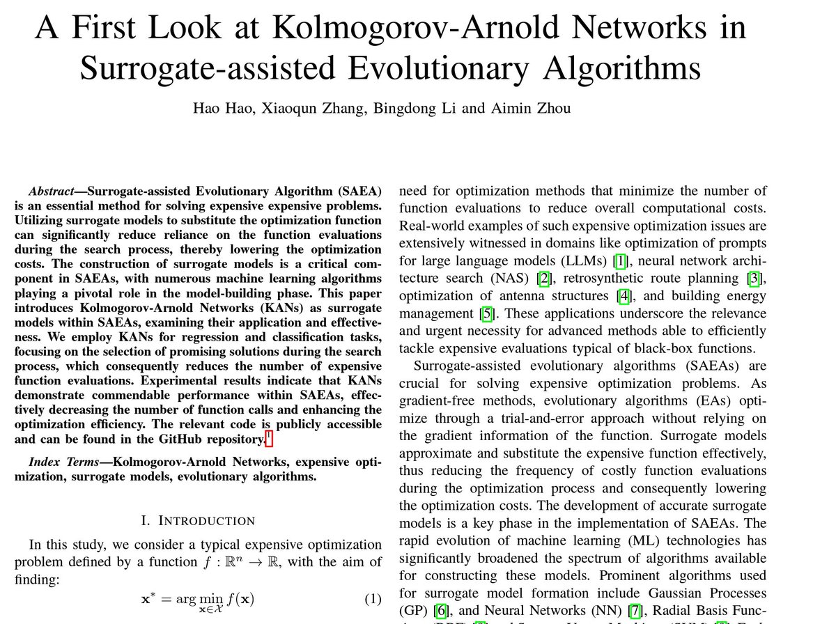 predict_addict's tweet photo. An interesting paper on the applications of Kolmogorov Arnold Network to evolutionary algorithms for optimisation shows strong potential of KANs and significant superior data fitting capabilities compared to MLPs.

Complete with GitHub code 🧑‍💻 

#KAN https://t.co/EvnJC4lzIA