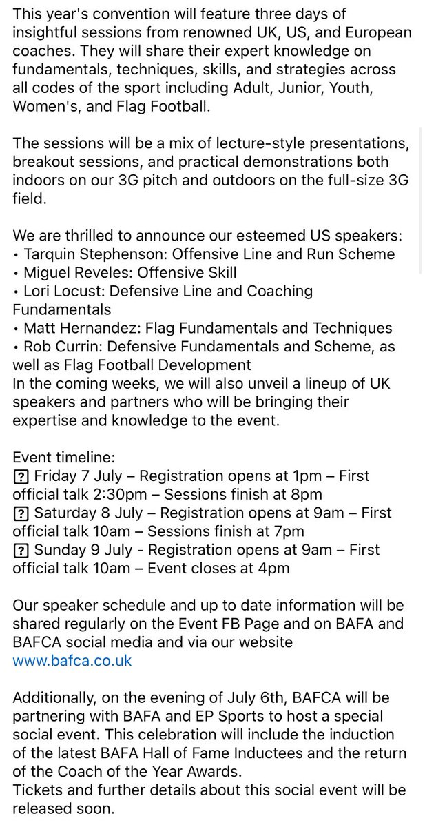 BAFCAOfficial's tweet photo. We are excited to invite you to the 2024 British American Football Coaches Association Annual Coaching Convention, taking place from the 5th to the 7th of July at the Holywell Park Conference Centre, Loughborough University.
 
Register via:
https://t.co/lmCWDubSf3 https://t.co/kf0sJM8tmm