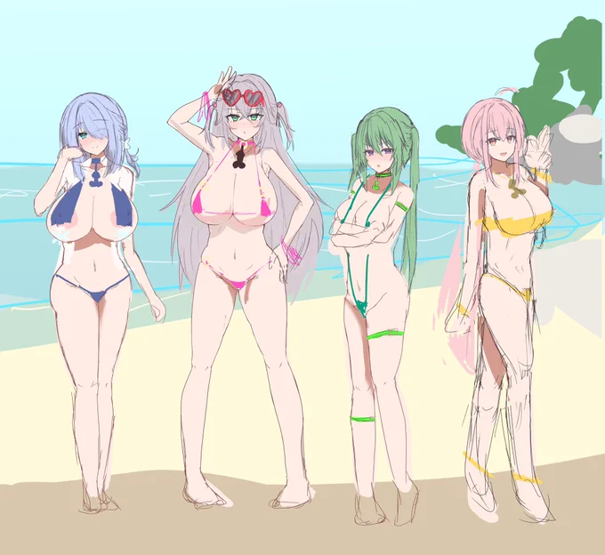 うちの子魔法少女の立ち絵のラフ(海仕様)操ってる側の趣味嗜好の入りまくったドスケベ水着を着て主人公の前で逆ナンするシチュやりたい 