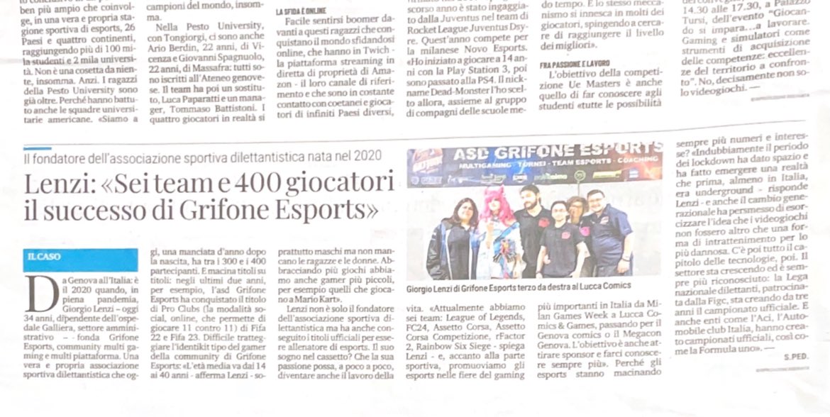 GrifoneSports's tweet photo. Grande notizia per la nostra associazione e per la community Grifone!
Siamo felici di condividere con voi che Grifone Esports è stato menzionato in un articolo del quotidiano genovese @ilsecoloxix!
#GrifoneEsports #SecoloXIX #Esports #Vittorie #Genova #GamingCommunity https://t.co/Fw1addPk31