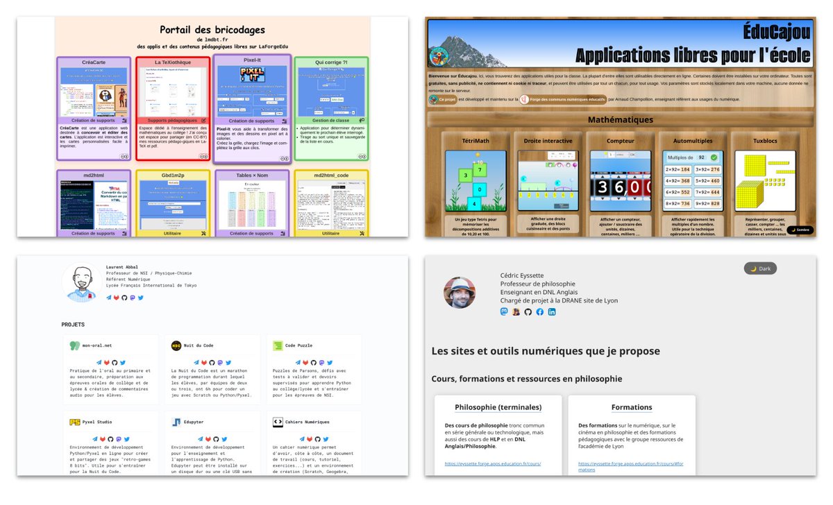 45 applications libres créés par 4 enseignants de #LaForgeEdu La Forges des Communs Numériques Éducatifs : 
- Cédric Eyssette
eyssette.forge.apps.education.fr
- Arnaud Champollion
educajou.forge.apps.education.fr
- Cyril Iaconelli
lmdbt.forge.apps.education.fr
- Laurent Abbal
laurentabbal.forge.apps.education.fr